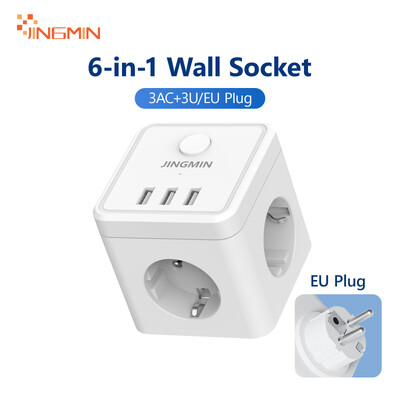 Удължител за стенен контакт JINGMIN с 3 контакта 3 USB порта 6 In1 Eu Plugcharger Включване/изключване Разклонител за дома