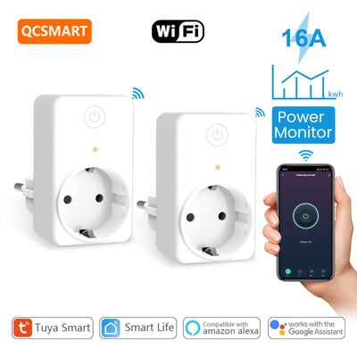 QCSMART Tuya Smart WiFi EU Kištukinis lizdas 16A Elektros energijos Energijos Maitinimo Monitorius Tausojimo laikmačio lizdas Palaikymas Google Assistant