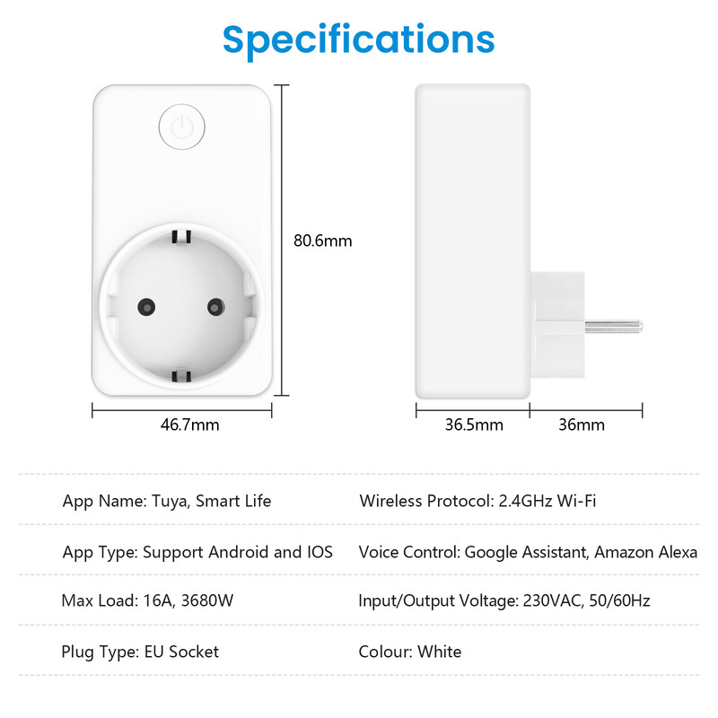 QCSMART Tuya Smart WiFi EU kontaktligzda 16A elektroenerģijas enerģijas jaudas monitors taupīšanas taimera ligzda Atbalsts Google palīgs