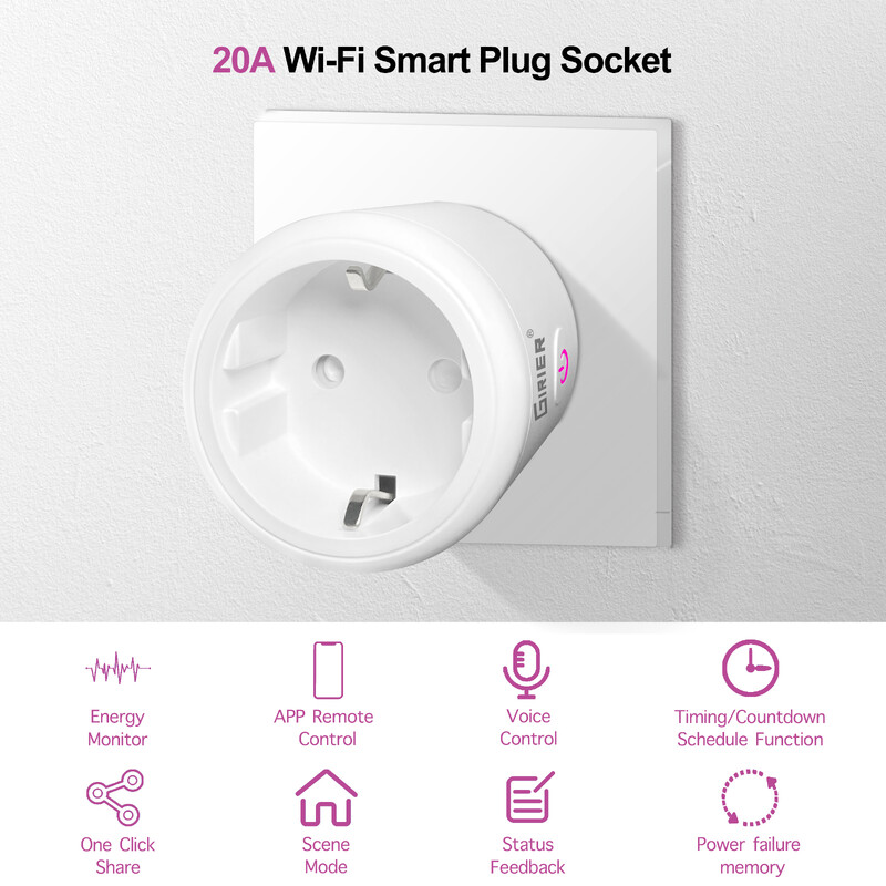 20A Tuya Wifi Smart Plug EU cu funcție de monitorizare a puterii Smart Life App Priză de comandă de la distanță Funcționează cu Alexa Google Home