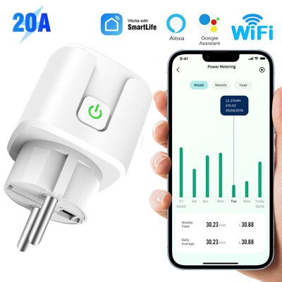 16A/20A „WiFi Smart Plug“ belaidis maitinimo stebėjimas EU lizdas buitinės technikos APP nuotolinio valdymo pultelis veikia su „Alexa Google Home“