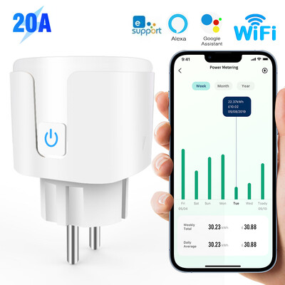 16A/20A „WiFi Smart Plug“ belaidis maitinimo stebėjimas EU lizdas buitinės technikos APP nuotolinio valdymo pultelis veikia su „Alexa Google Home“