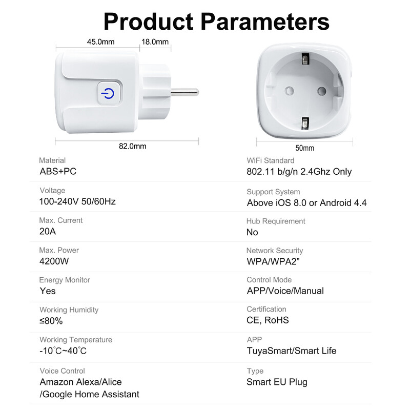 GIRIER Tuya intelligens dugó WiFi aljzat EU 20A 4200W energiafigyelő funkció időzítő adapter munka Alexa-val. Szia Google Alice