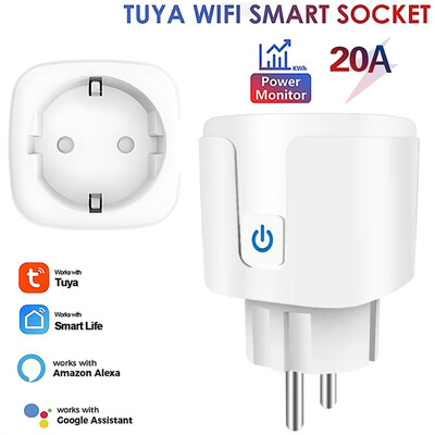 20A EU Smart Socket WiFi Smart Plug Power Monitoring Laika funkcija Balss vadība darbojas ar Tuya APP Alexa Google Home