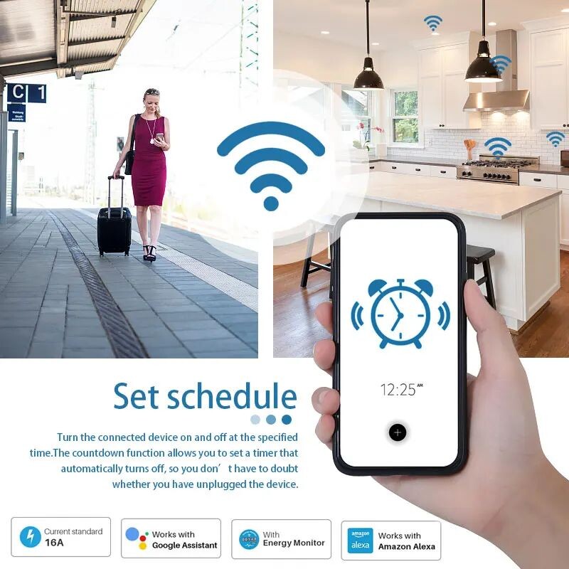 20A EU Smart Socket WiFi Smart Plug Power Monitoring Laika funkcija Balss vadība darbojas ar Tuya APP Alexa Google Home