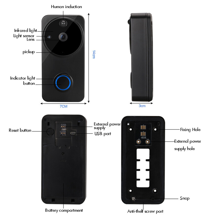 Drošības zvana HD video durvju zvans, reāllaika atbilde, kustības noteikšanas brīdinājumi, Wi-Fi video durvju zvans, divvirzienu audio, nakts redzamība