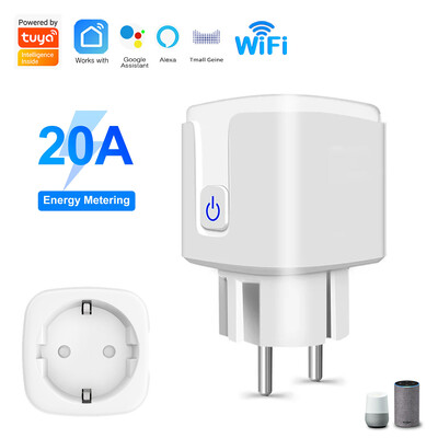 Tuya Wifi Smart Plug EU 20A intelligens aljzat teljesítményfigyeléssel Smart Life APP távirányító támogatja az Alexa Google Home Yandexet