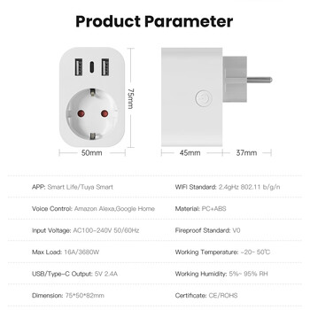 Tuya WiFi Smart Plug 16A EU Smart Socket Изход за променлив ток USB Тип C Зарядно за телефон Домакински уред Работи с Alexa Google