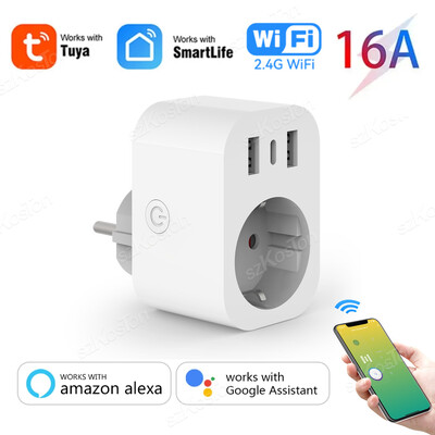 Tuya WiFi Smart Plug 16A EU Smart Socket AC tápcsatlakozó USB C típusú telefon töltő Háztartási készülék működik az Alexa Google-lal