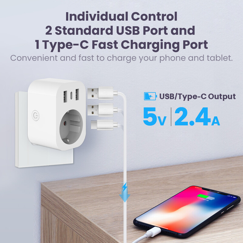 Tuya WiFi Smart Plug 16A EU pametna utičnica AC utičnica USB Type C Punjač za telefon Kućanski aparat Radi s Alexa Google
