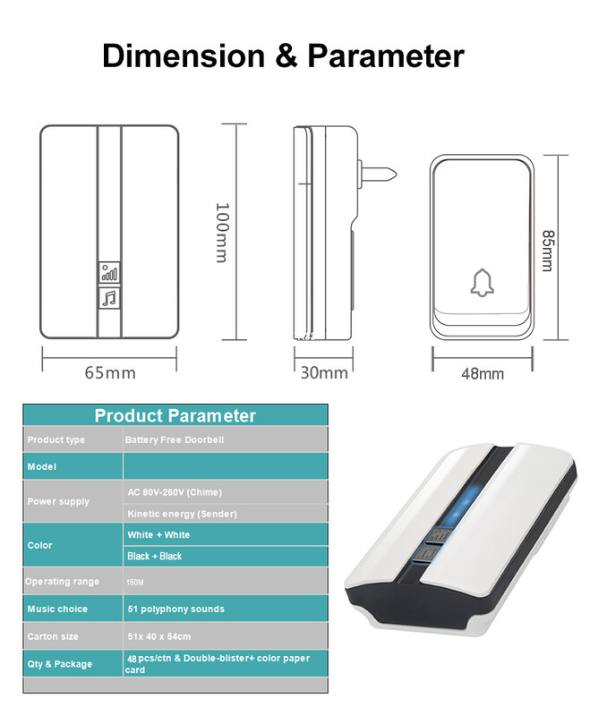 Sonerie fără fir autoalimentată Nu este nevoie de baterie Sonerie de ușă 51 de tonuri de apel Sonerie Impermeabil în aer liber Fără baterie Sonerie de alăptare