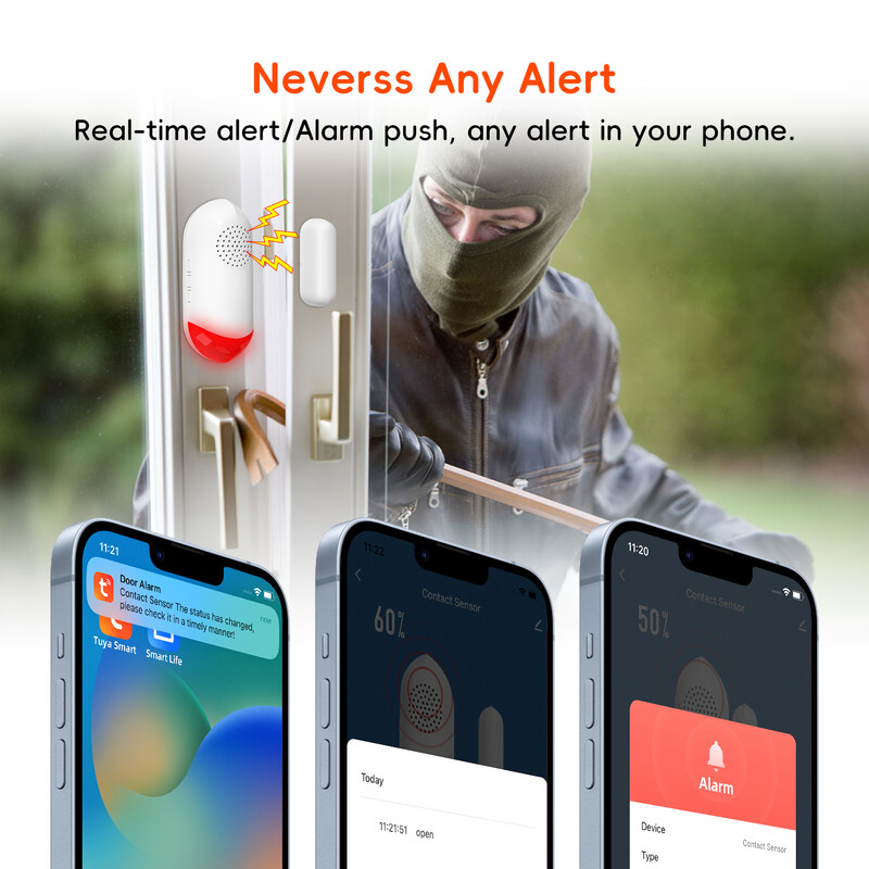 Tuya WiFi senzor dverí a okien, detektor otvárania dverí, zvukový alarm, časované zapnutie a vypnutie, zabezpečenie domácnosti, inteligentná aplikácia