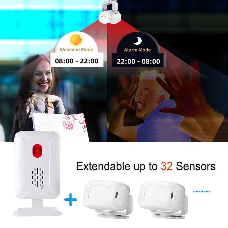 Wsdcam vezeték nélküli mozgásérzékelő ajtócsengő 36 csipogó üdvözlő riasztó bejárati ajtócsengő infravörös érzékelővel, indukciós éjszakai lámpával