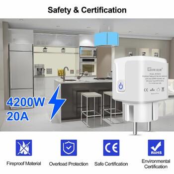 GIRIER Tuya Wifi Smart Plug 20A EU Smart Socket Outlet with Power Monitor Timer Function 4200W Συμβατό με Alexa Google Home
