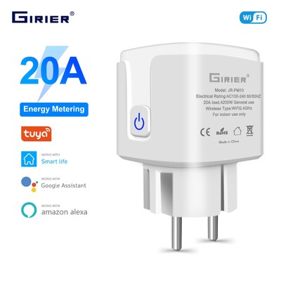 GIRIER Tuya Wifi Smart Plug 20A EU intelligens aljzat tápfigyelő időzítő funkcióval 4200W Kompatibilis az Alexa Google Home programmal