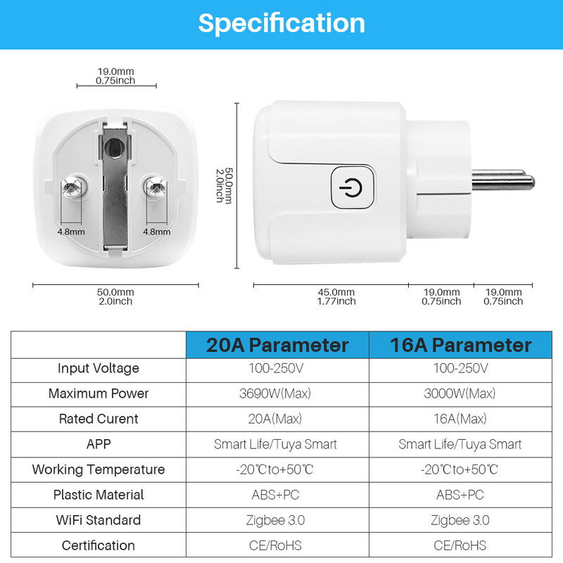 16A/20A Tuya Zigbee Smart Plug EU lizdas su maitinimo monitoriumi Laiko valdymas balsu palaikymas Alexa Google Home Yandex Alice