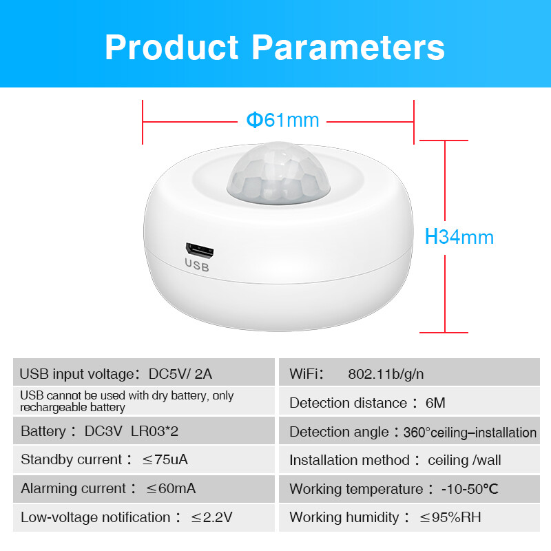 Tuya WiFi Motion PIR Sensor Detector USB φόρτιση Αισθητήρας κίνησης WIFI Υποστηρίζει καμία λειτουργία APP Ασύρματο σύστημα ασφαλείας σπιτιού