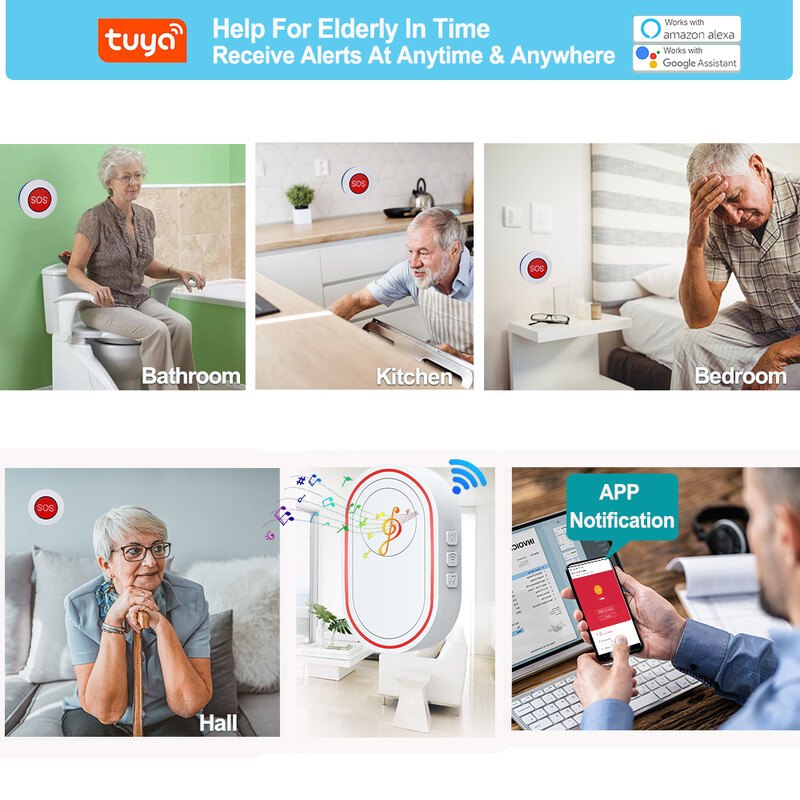 Topvico Wifi Panic Button Alarm Prevencija pada za starije osobe Demencija RF433mhz Bežični alarm za krevet Caregiver Pager Tuya APP