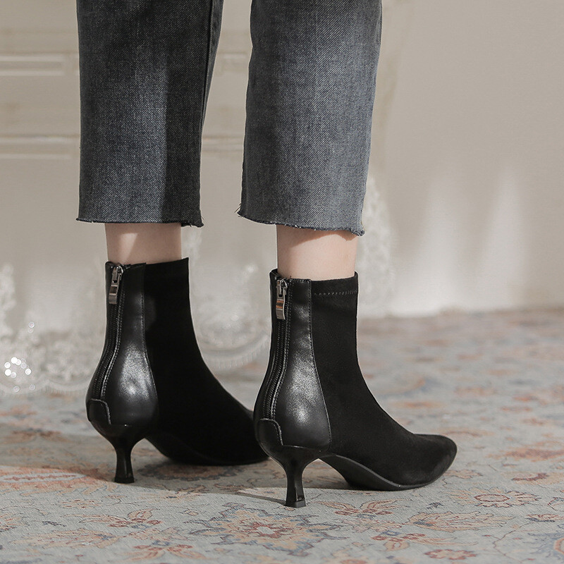  Modes zābaki korejiešu stila sieviešu zābaki rudens un ziemas jauni zamšādas splicing zemi piegriezti īsi zābaki ar augstu papēdi smailiem purngaliem