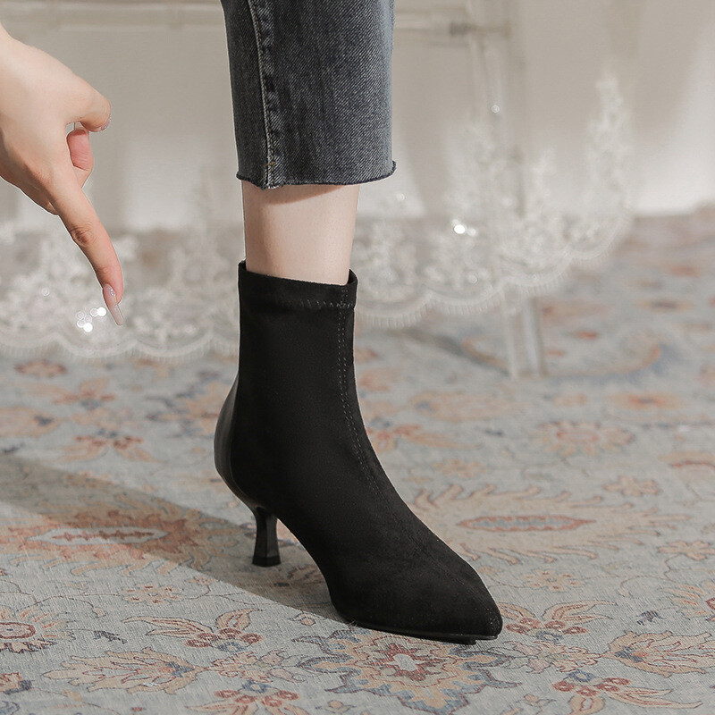  Modes zābaki korejiešu stila sieviešu zābaki rudens un ziemas jauni zamšādas splicing zemi piegriezti īsi zābaki ar augstu papēdi smailiem purngaliem