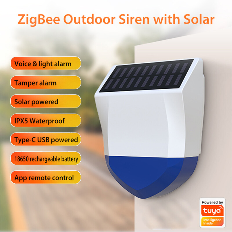 Tuya Smart Zigbee/Wifi sirena alarm vodootporan vanjski sa solarnim i USB napajanjem Opcijski 95dB daljinski upravljač