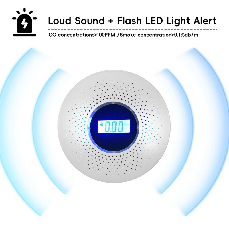 Süsinikmonooksiidi ja suitsuanduriga akuga töötav CO-alarm LED-tulega Vilkuva helihoiatus