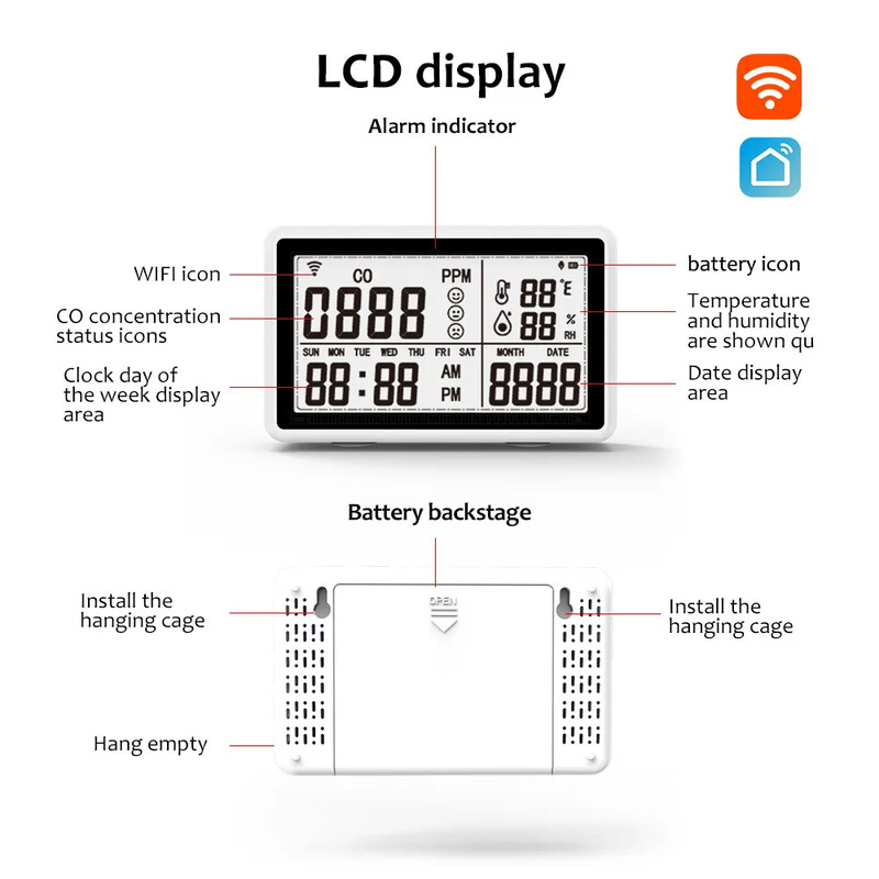 Tuya WiFi 3 az 1-ben CO mérő szén-monoxid érzékelő hőmérséklet és páratartalom teszter háztartási levegőminőség monitor higrotermográf