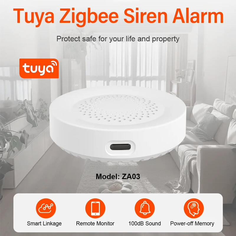 Tuya Zigbee sireenialarm nutika kodu turvalisuse jaoks 100 db kõlar töötab koos Alexa Yandex Alice`iga Nõuab Tuya Zigbee jaoturit.