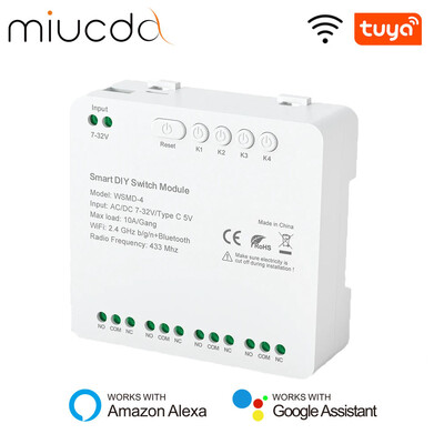 MIUCDA Tuya WiFi kapcsoló modul 4 csatornás intelligens kapcsoló 7-32V/85-250V RF 433 távirányító relé Működik az Alexával, Google Home