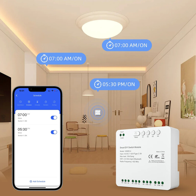 Modul comutator WiFi MIUCDA Tuya 4 canale Comutator inteligent 7-32V/85-250V RF 433 Releu de control de la distanta Functioneaza cu Alexa, Google Home