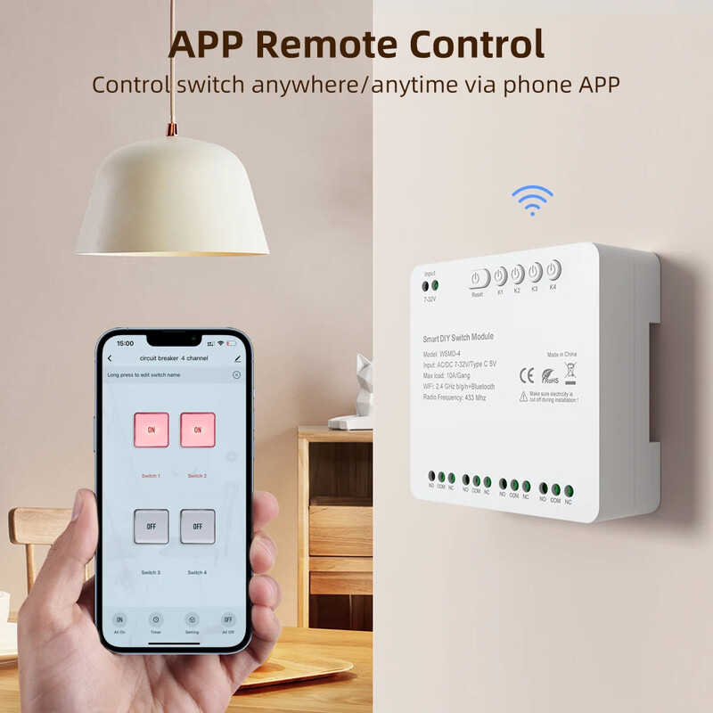Modul comutator WiFi MIUCDA Tuya 4 canale Comutator inteligent 7-32V/85-250V RF 433 Releu de control de la distanta Functioneaza cu Alexa, Google Home