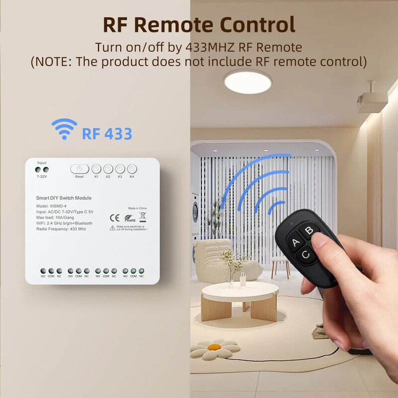 Modul comutator WiFi MIUCDA Tuya 4 canale Comutator inteligent 7-32V/85-250V RF 433 Releu de control de la distanta Functioneaza cu Alexa, Google Home