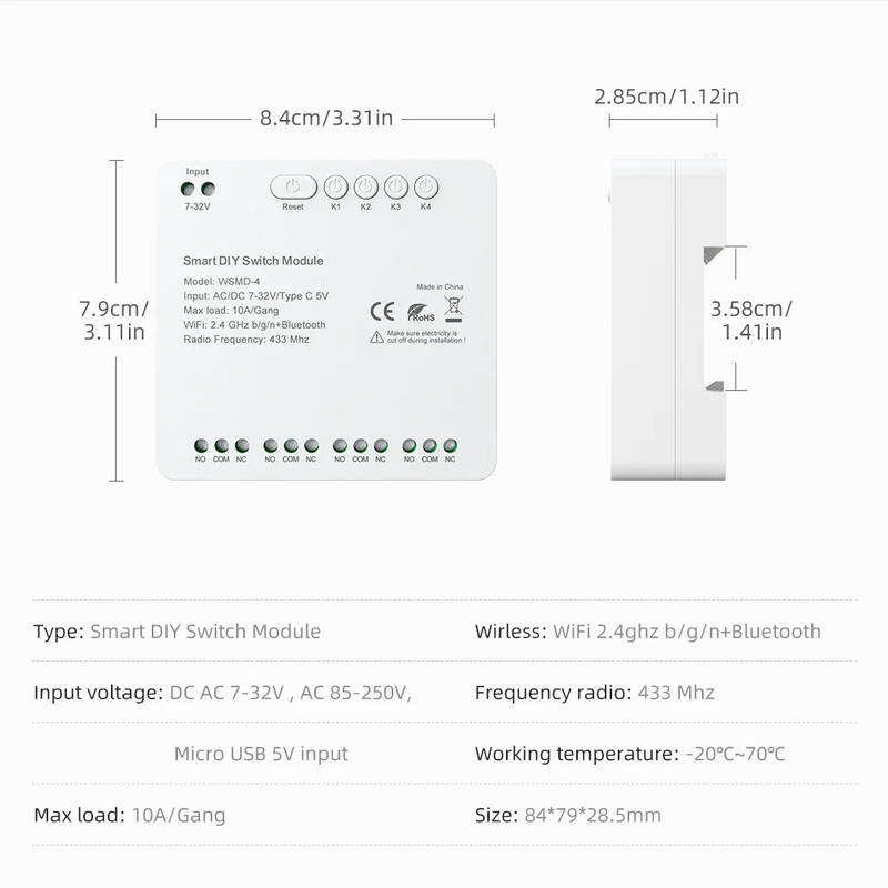 Modul comutator WiFi MIUCDA Tuya 4 canale Comutator inteligent 7-32V/85-250V RF 433 Releu de control de la distanta Functioneaza cu Alexa, Google Home