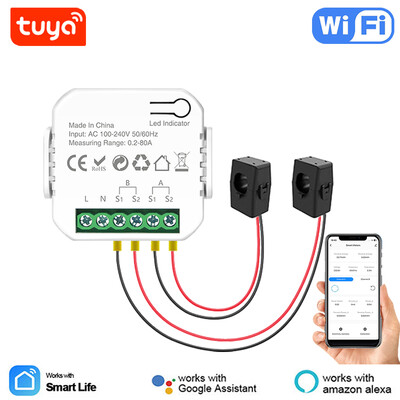 Tuya Smart Life WiFi energiamérő 120A kétirányú 2 csatornás Clamp App monitorral napelemes export és import táp AC110V/240V