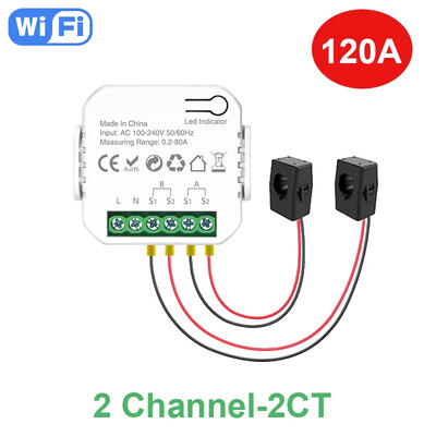 Contor de energie WiFi Tuya Smart Life, 120A, bidirecțional, 2 canale, cu aplicație de clemă, monitorizare, export și import solar, putere AC110V/240V