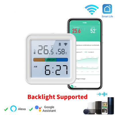 Tuya WIFI temperatūras mitruma sensors higrometrs termometrs viedās mājas fona apgaismojums Smart Life atbalsts Alexa Google palīgs