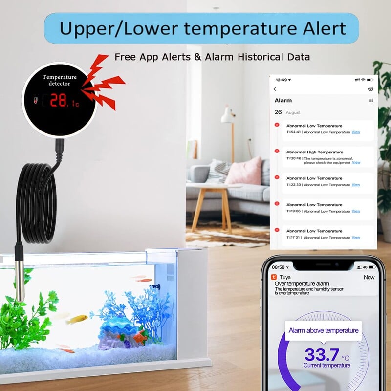 Tuya WiFi temperatūras sensors 1M/3M zondes digitālais LCD ekrāns Smart Life termometrs ledusskapja ūdens baseina termostatam tālvadības signalizācija