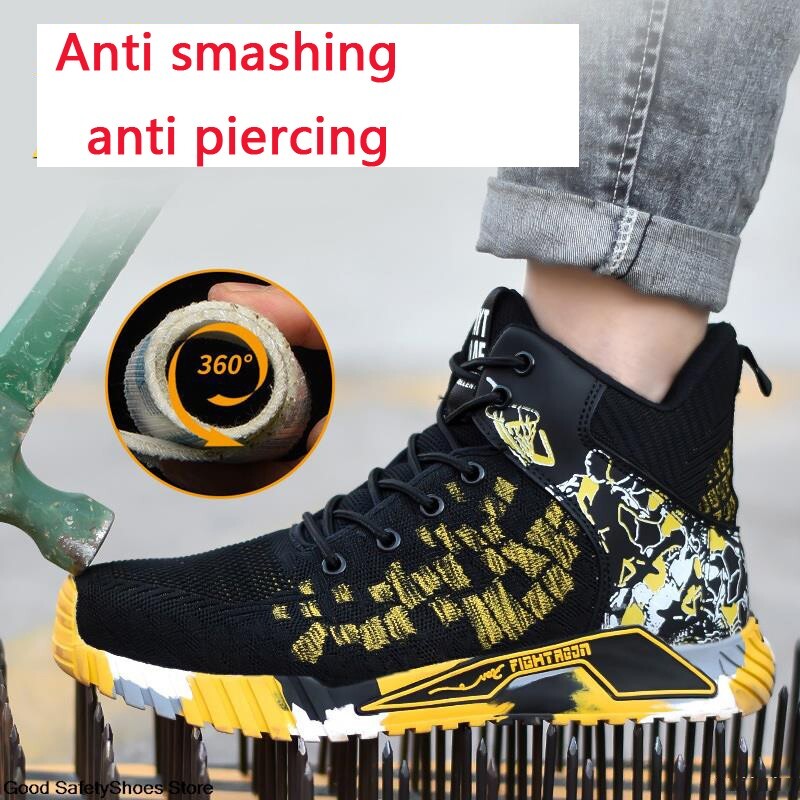 Visu sezonu vīriešu drošības apavi Lidojoši austi, elpojoši tērauda purngali, triecienizturīgi, caurduršanas, vidēja griezuma kedas Zapatos De Seguridad