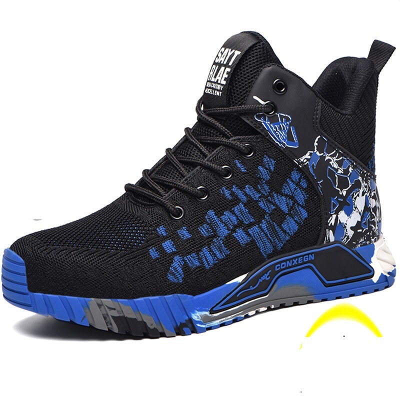 Visu sezonu vīriešu drošības apavi Lidojoši austi, elpojoši tērauda purngali, triecienizturīgi, caurduršanas, vidēja griezuma kedas Zapatos De Seguridad