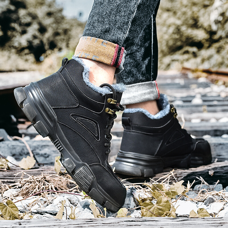 Χειμερινές ζεστές μπότες χιονιού Μαύρες άφθαρτες μπότες εργασίας από ατσάλι Ασφαλείς μπότες κατά του σπασίματος Προστατευτικά δερμάτινα παπούτσια
