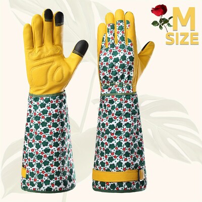 1 ζευγάρι ανθεκτικά γυναικεία μακριά γάντια κηπουρικής, ανθεκτικά στα αγκάθια, με πράσινη στάμπα και δέρμα αγελάδας που αναπνέει, κατάλληλα για εργασίες στον κήπο