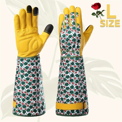 1 ζευγάρι ανθεκτικά γυναικεία μακριά γάντια κηπουρικής, ανθεκτικά στα αγκάθια, με πράσινη στάμπα και δέρμα αγελάδας που αναπνέει, κατάλληλα για εργασίες στον κήπο