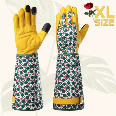 1 ζευγάρι ανθεκτικά γυναικεία μακριά γάντια κηπουρικής, ανθεκτικά στα αγκάθια, με πράσινη στάμπα και δέρμα αγελάδας που αναπνέει, κατάλληλα για εργασίες στον κήπο