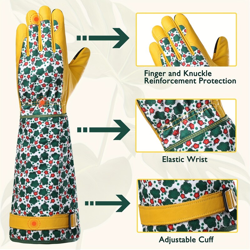 1 ζευγάρι ανθεκτικά γυναικεία μακριά γάντια κηπουρικής, ανθεκτικά στα αγκάθια, με πράσινη στάμπα και δέρμα αγελάδας που αναπνέει, κατάλληλα για εργασίες στον κήπο