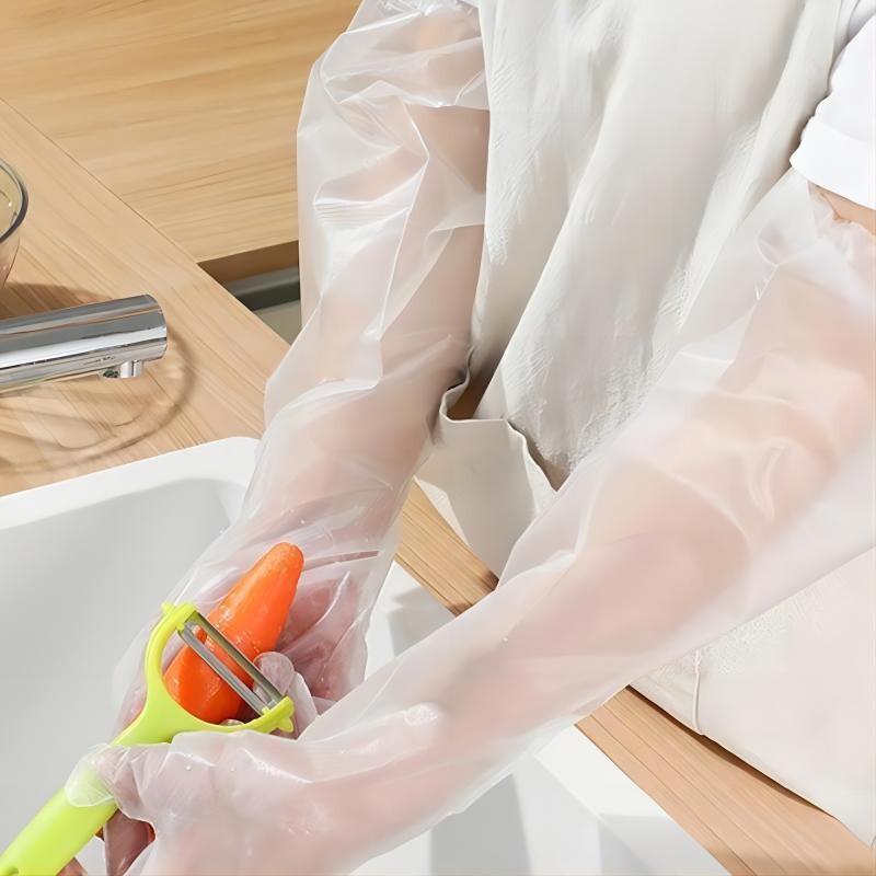 30 tk ühekordsed käekaitsekindad köögi majapidamispuhastus veekindel elastne pingutusnöör, pikendatud CPE pika käega kindad