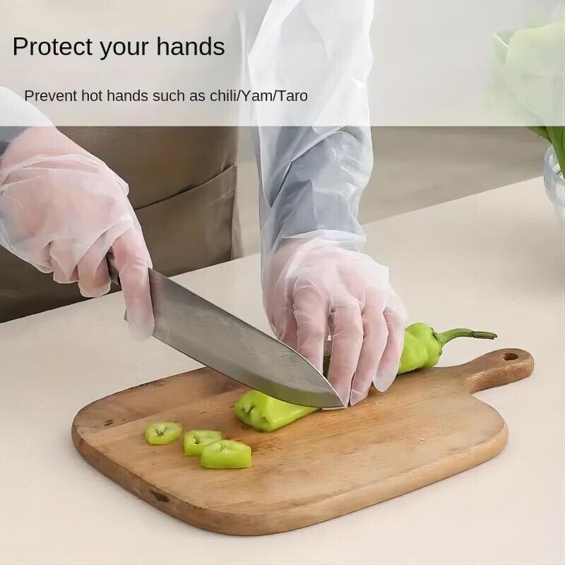 30 tk ühekordsed käekaitsekindad köögi majapidamispuhastus veekindel elastne pingutusnöör, pikendatud CPE pika käega kindad