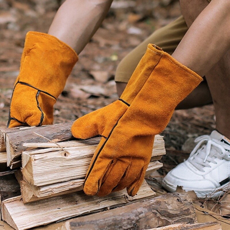 Mănuși lungi anti-opărire în aer liber din piele de vacă, cu izolare termică la temperaturi înalte, mănuși pentru cuptor, mănuși de protecție pentru camping și grătar