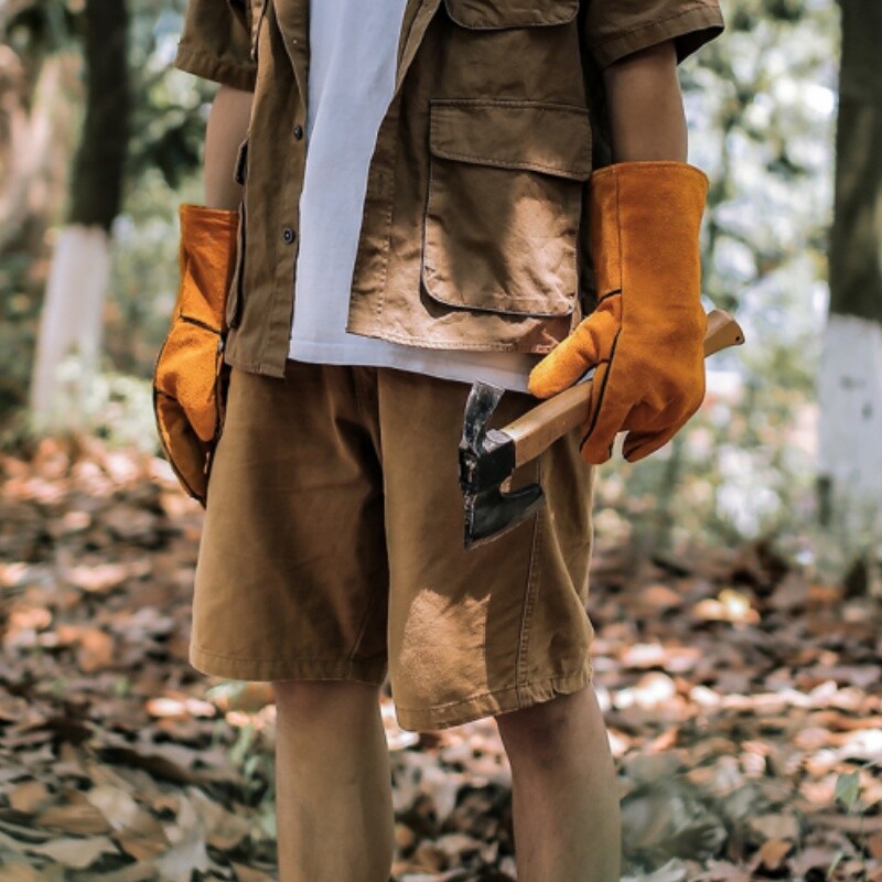 Mănuși lungi anti-opărire în aer liber din piele de vacă, cu izolare termică la temperaturi înalte, mănuși pentru cuptor, mănuși de protecție pentru camping și grătar