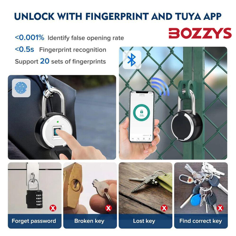 BOZZYS Tuya pirkstu nospiedumu slēdzene mājsaimniecības slēdzene mobilā tālvadības ierīce Bluetooth atbloķēšanas cinka sakausējuma elektroniskā slēdzene, ūdensizturīga