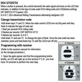 DEA GTI2 GTI4 Τηλεχειριστήριο γκαράζ Συμβατό DEA GT2 GT4 MIO TR2 TR4 R2N TR4N GOLD 288 289 273 Rolling Code 433MHz Gate Opener